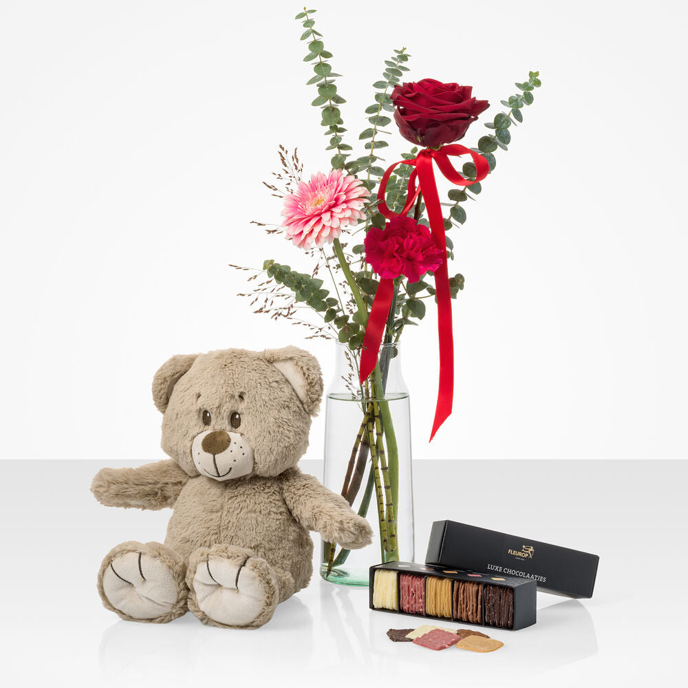 Knuffel voor jou boeket (cadeauset met knuffel, chocolade en vaas!)